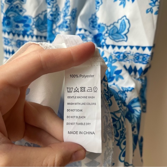 SHEIN Blue White Floral Off Shoulder Maxi Dress Size L Boho Tiered Ruffle Hem - Picture 7 of 11